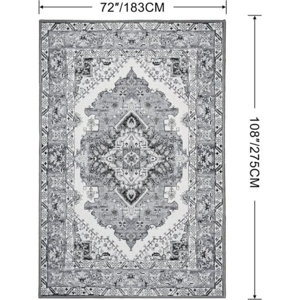 New 6x9 Washable Area Rug, Grey Blue Vintage Non-Slip Low Pile Carpet for Home